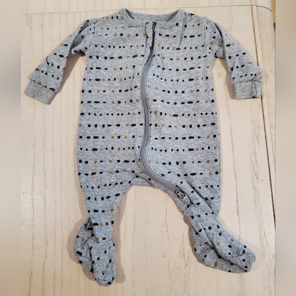 Two Petit Lem Gray Footed Baby Pajamas with Black and Gold Dot Pattern